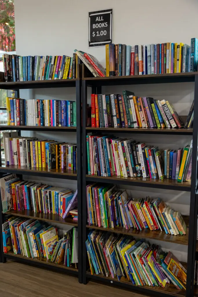 shelf full of books at thrift store