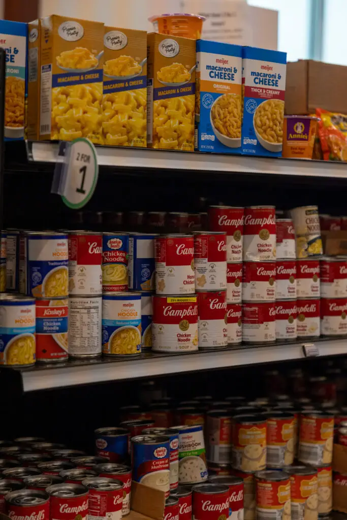 close up of items on food pantry shelf