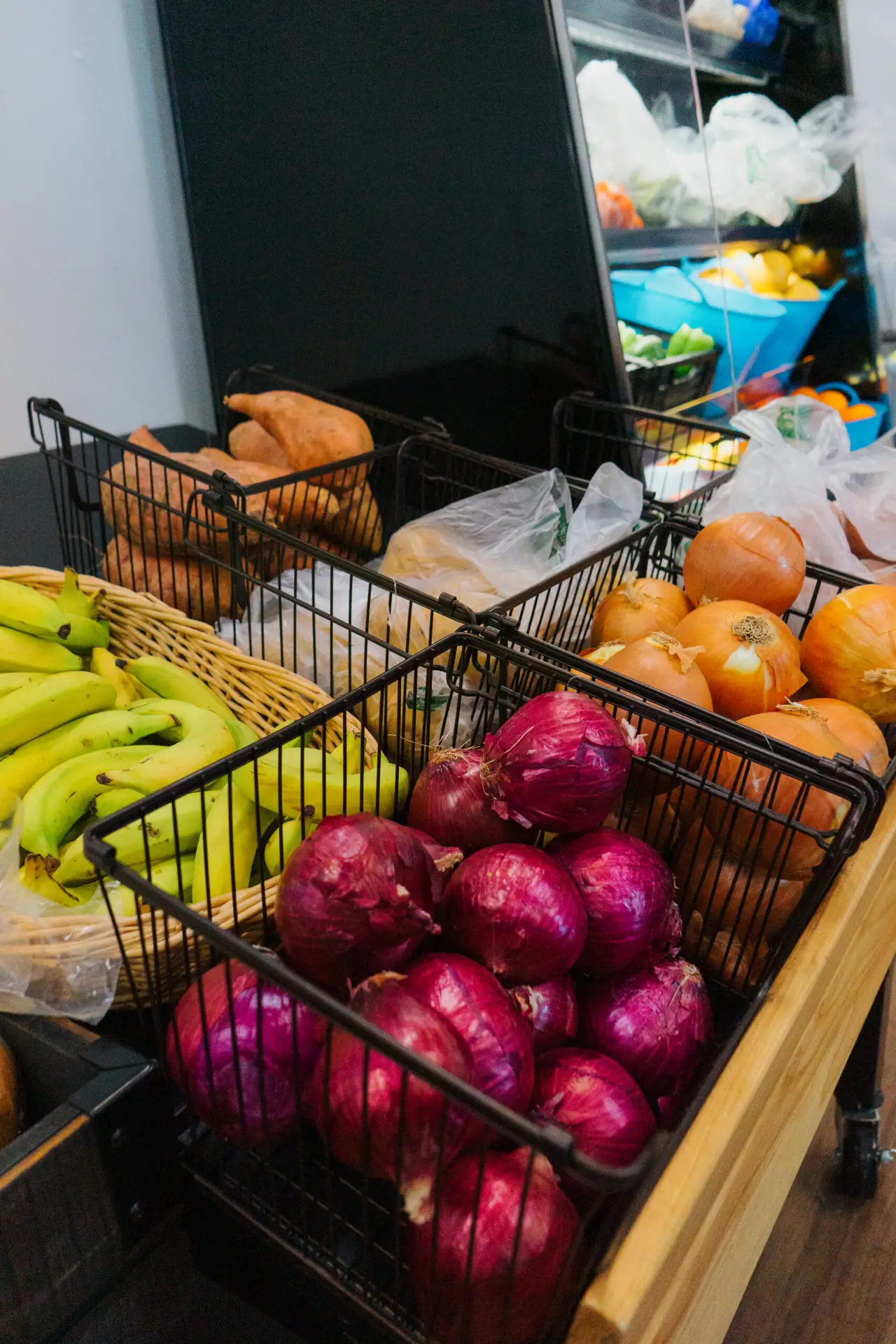baskets of fruits and vegetables at food pantry